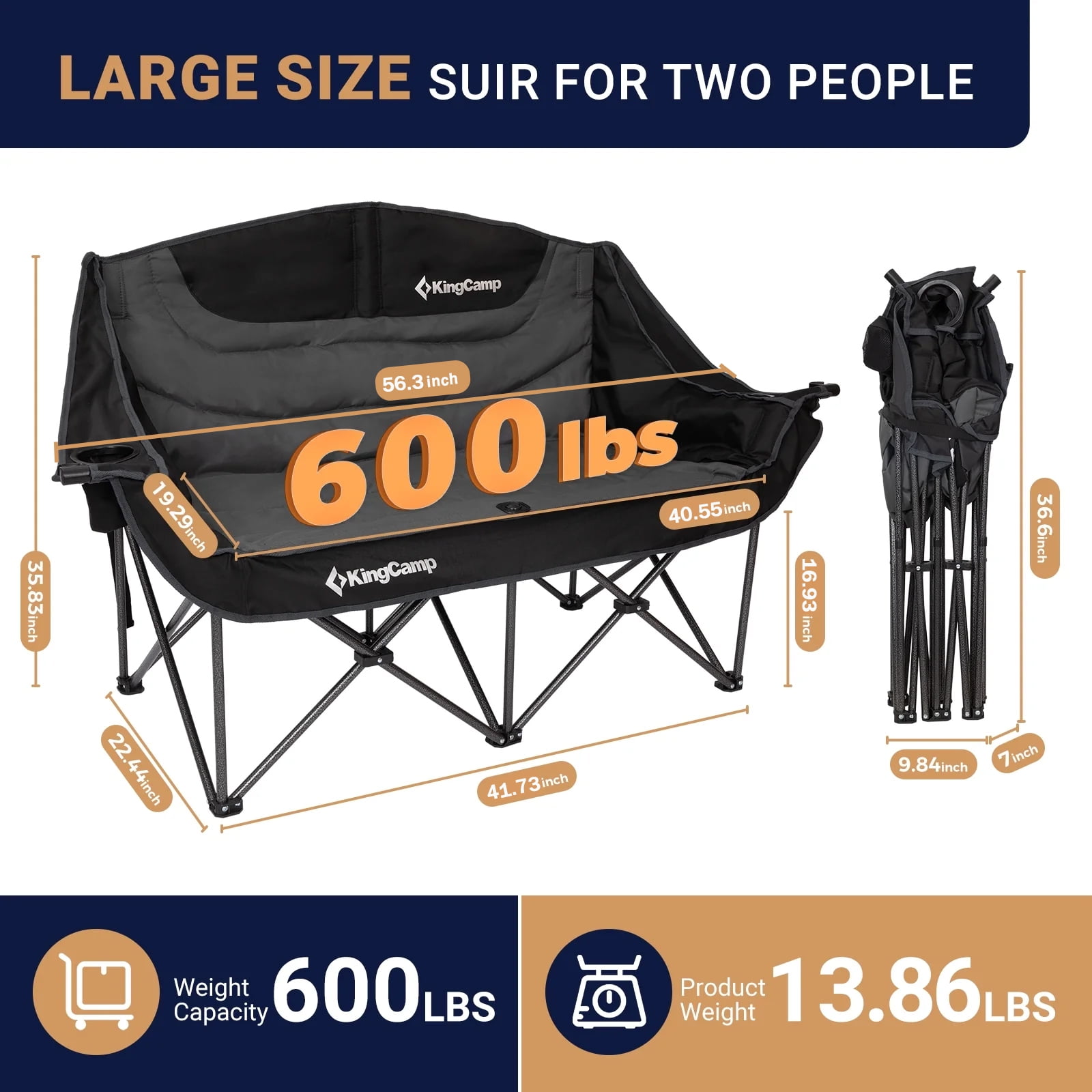 KingCamp Oversized Double Camping Chair, Loveseat Folding Camping Chair for Adults, Portable Fully Padded Duo Chair Camping Couch, Heavy-Duty Outdoor Lawn Chairs, Supports 600 lbs