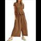 thumbnail image 2 of Conjunto de Dos Piezas para Mujer: Top Fruncido y Pantalón Conjunto Informal Bohemio de Cintura Alta con Bolsillos Marrón Oscuro L, 2 of 7