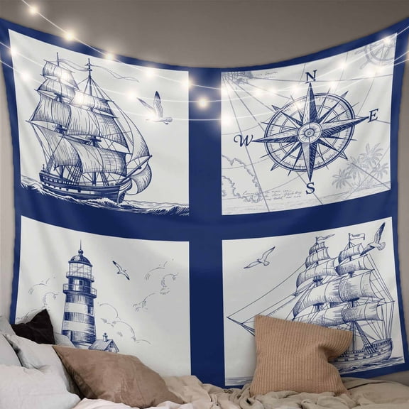 Nautical Navy Large Tapestry for Bedroom Wall Hanging Tapestry, Blue Lighthouse Boat Compass Ocean Ceiling Backdrop Tapestries Poster Blanket Wall Decor for Teens Room Living Room Dorm 86" x 104"