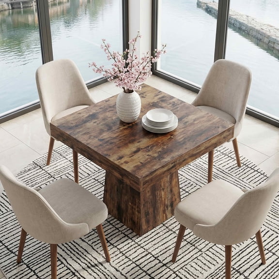MAYEERTY 31.5 Inch Square Dining Table, Small Farmhouse Industrial Kitchen Dinner Table with Thick Tabletop and Pedestal Base for 4 People