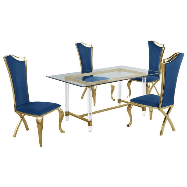5pc. Ensemble de Salle à Manger en Verre de 68 x 40 Po avec 4 Chaises et Acier Inoxydable Doré