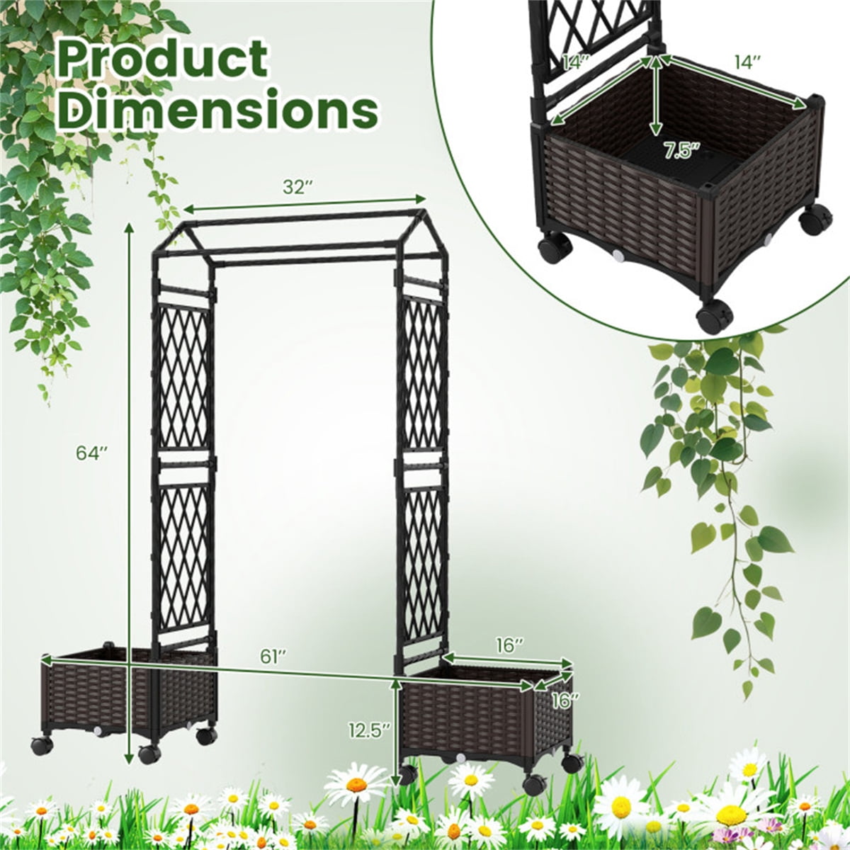 5.5 FT Raised Garden Bed with Trellis Self-Watering Planter Boxes with Lockable Wheels, 2 Configurations Vertical Garden Planter for Patio Balcony