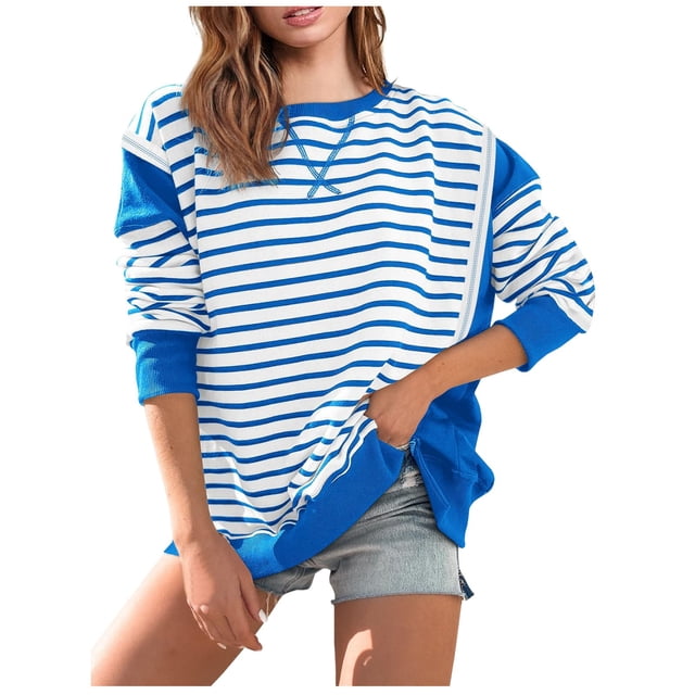 WEAIXIMIUNG Chandail en Molleton pour Femmes Graphique Mignon Femmes Chandails en Molleton Surdimensionnés Coupe Ample Col Rond Rayé Bloc de Couleur Manches Longues Tops
