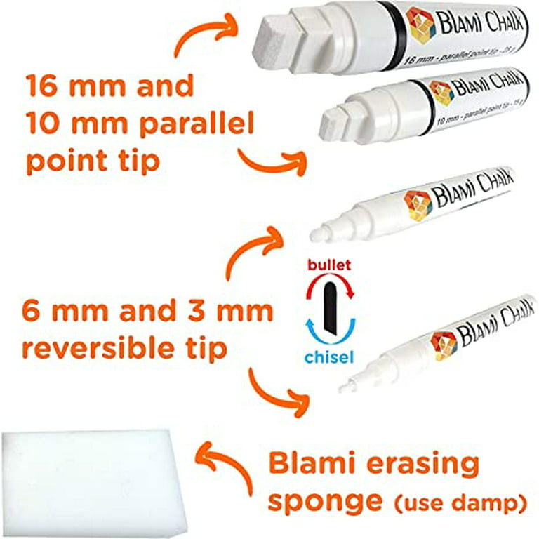 Blami Arts White Chalk Markers 4 Pack - Reversible Fine and Jumbo Tips 16mm - 10mm - 6mm - 3mm - Chalkboard Pens for Bistro Glass Windows - Eraser