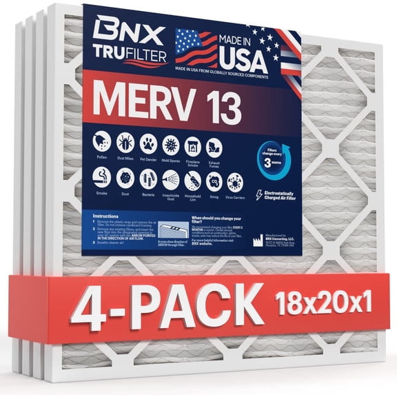 BNX TruFilter 18x20x1 Air Filter MERV 13 (4-Pack) - MADE IN USA - Electrostatic Pleated Air Conditioner HVAC AC Furnace Filters for Allergies, Pollen, Mold, Bacteria, Smoke, Allergen, MPR 1900 FPR 10