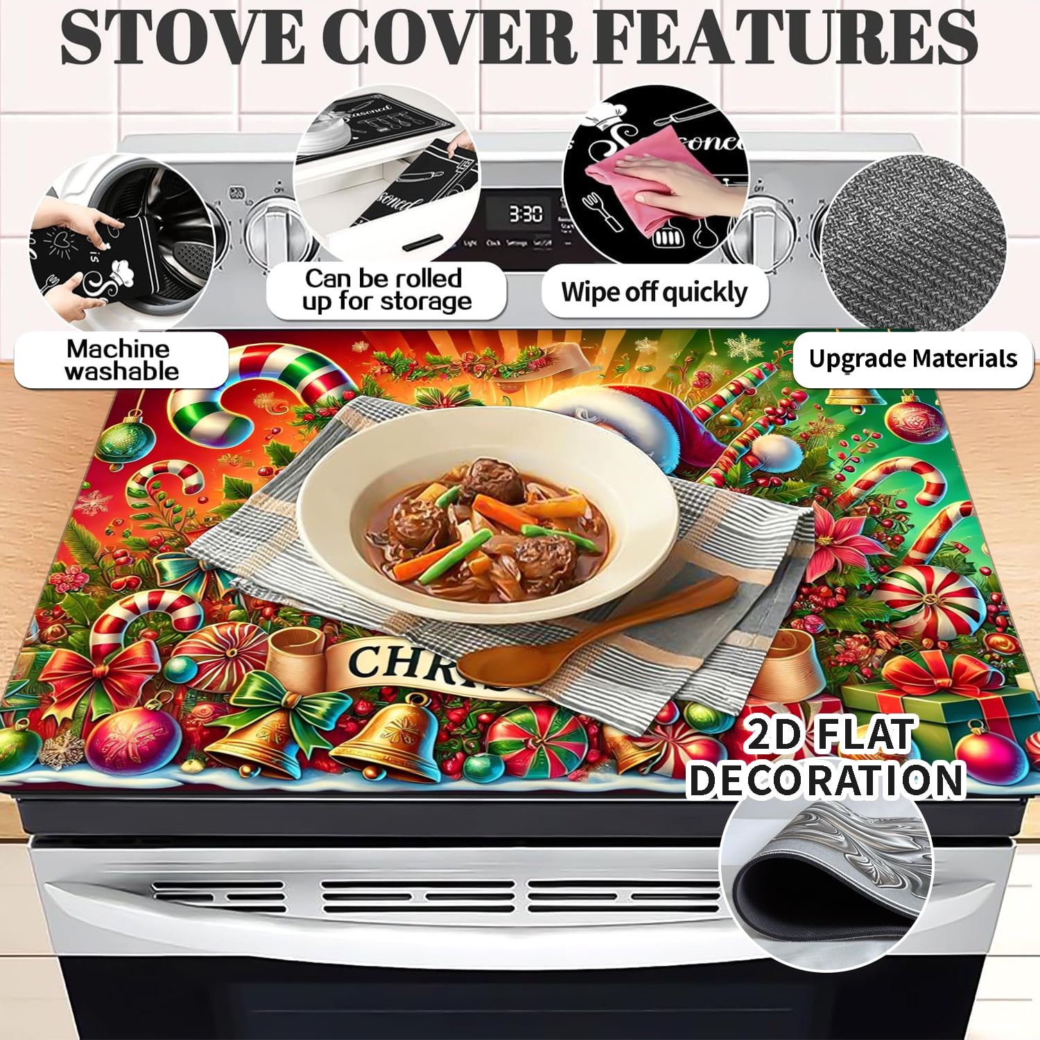 Christmas Stove Cover, Merry Christmas Stove Top Cover for Gas Stove Xmas Red Winter Kitchen Decor Glass Stove Top Pad Heat Resistant Electric Stove Protector Washable Cooktop Oven Mat