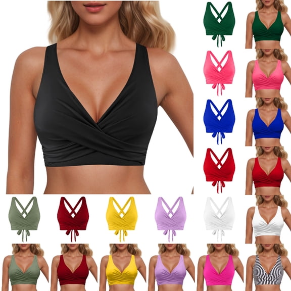 TGPMGRZ Women Lace Up Swimwear Tops Twist Front Full Coverage Bikini Top Push Up Crisscross Crop Top Army Green Size L