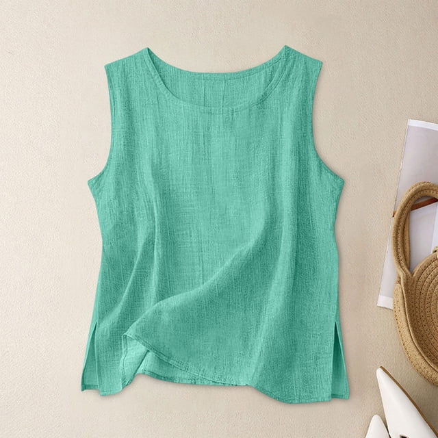Craaazy Débardeur Femme Uni Effet Lin Col Rond Sans Manches Fente Latérale Blouse Décontractée pour l'Été Cadeaux