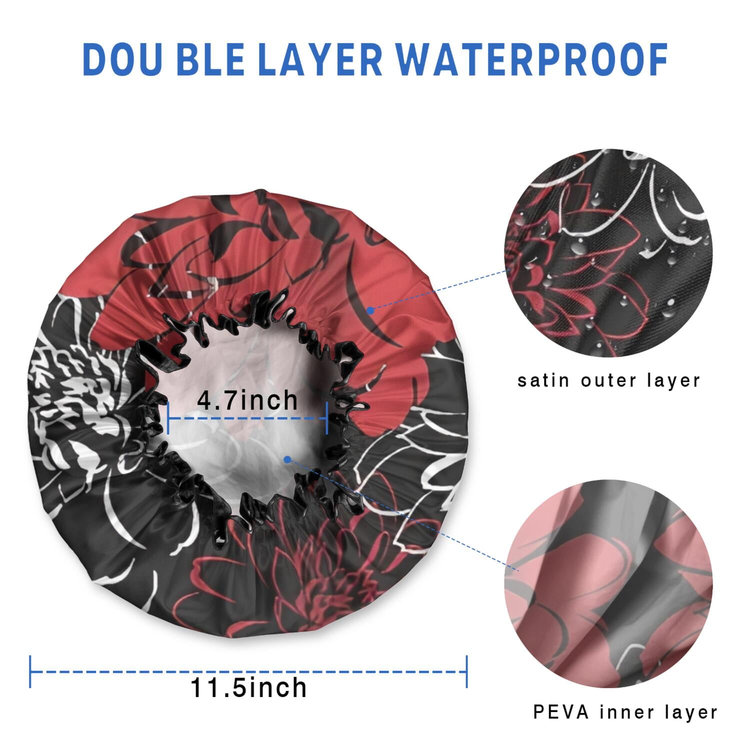 Shower Caps,Red and Black Pioneer Flower Pattern Waterproof Shower Cap for Women 4 Pieces,Double Reusable Hair Cover for Shower PEVA Elastic Stretch Hem
