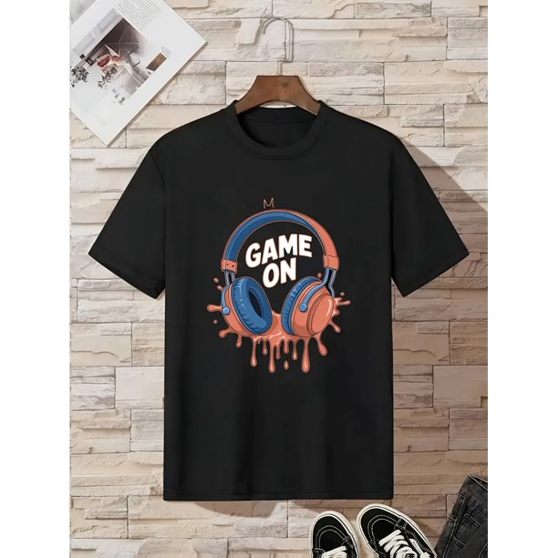 Youth "GAMED ON" Headphone Graphic T-Shirt - Casual Crew Neck, Short Sleeve, Comfortable Summer Top for Teens, Perfect for Casual Attire or Sports, Playful Design with Bold Lettering, Tee S