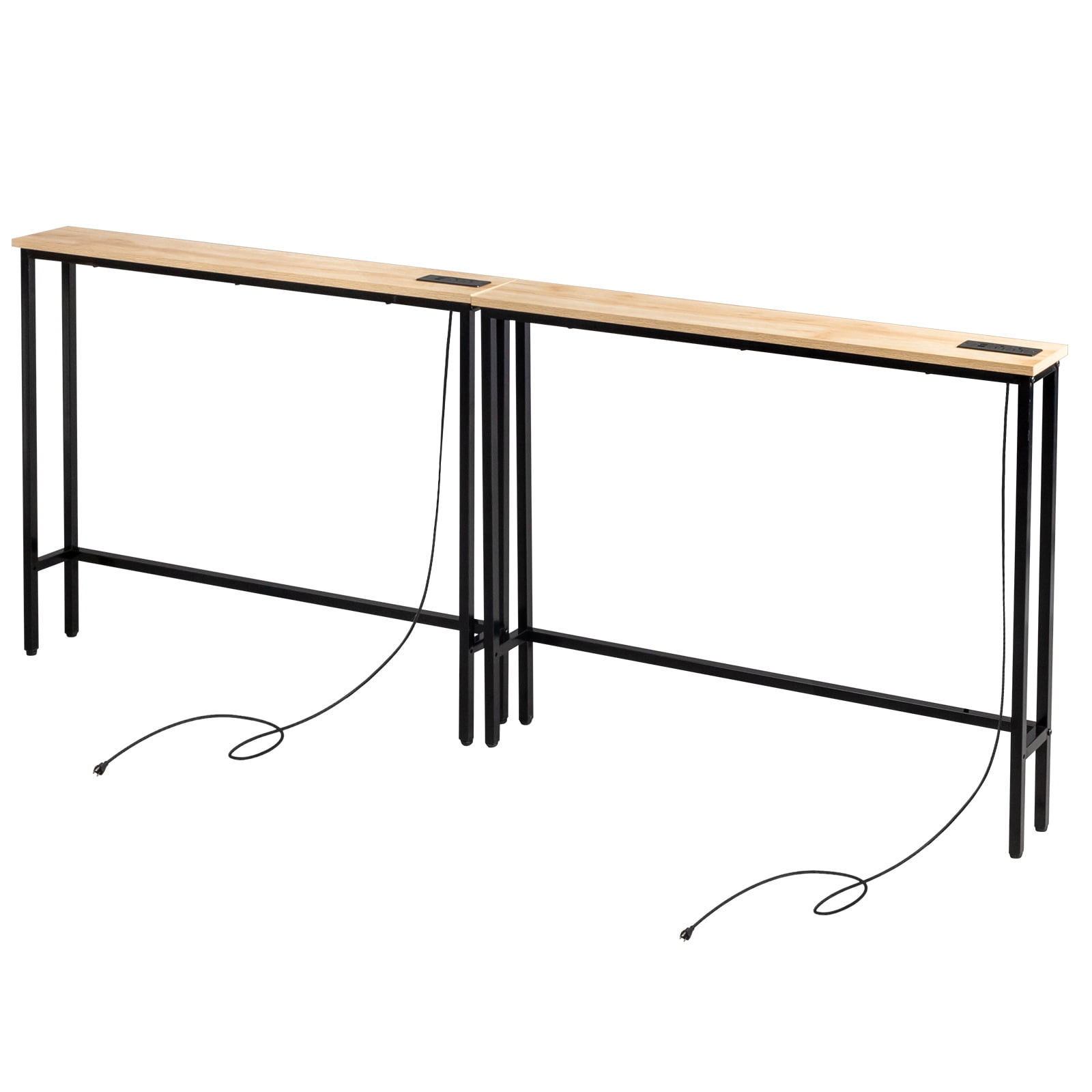 2 Pack 39.4" Narrow Console Sofa Table with Power Outlets and USB Ports, Long Couch Table with Metal Frame and Charge Station with 4.9ft Extension Cord, Oak