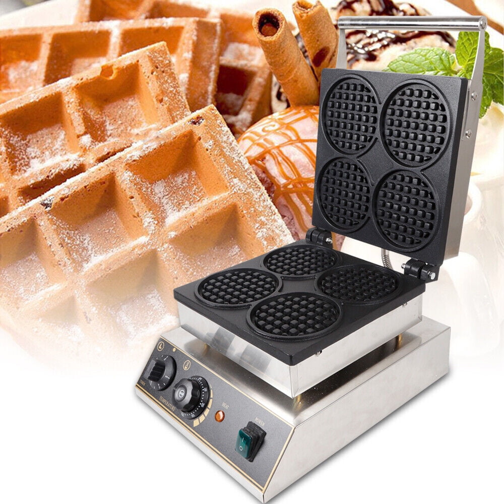 1750W Commercial Nonstick Waffle Baker Maker 4 Hole Round Mini Pancake Machine Stainless Steel