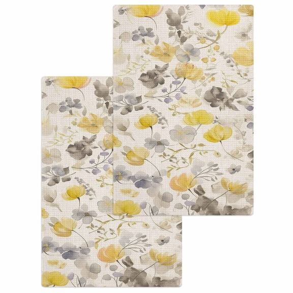 Yellow Grey Botanical Kitchen Dish Towels for Drying Dishes Set of 2, Spring Floral Watercolor Rustic Waffle Weave Microfiber Hand Tea Bathroom Towels Quick Dry & Absorbent Towel 15.7x23.6