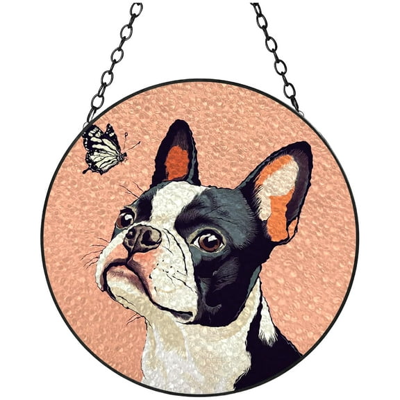 Boston Terrier Dog and Butterfly Stained Glass Suncatcher Colored Handmade Window Hangings Glass Suncatcher Crafts Kits for Indoor Garden Christmas Decor and Memorial 16x16cm(1)