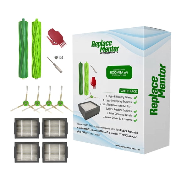 ReplaceMentor 10 Packs Roomba e/i Series Kit Filter Edge-Sweeping Brush & Rubber Roller Replacement Parts Compatible with Roomba e6, e5 i7 & i7 Plus Robot Vacuum Cleaner