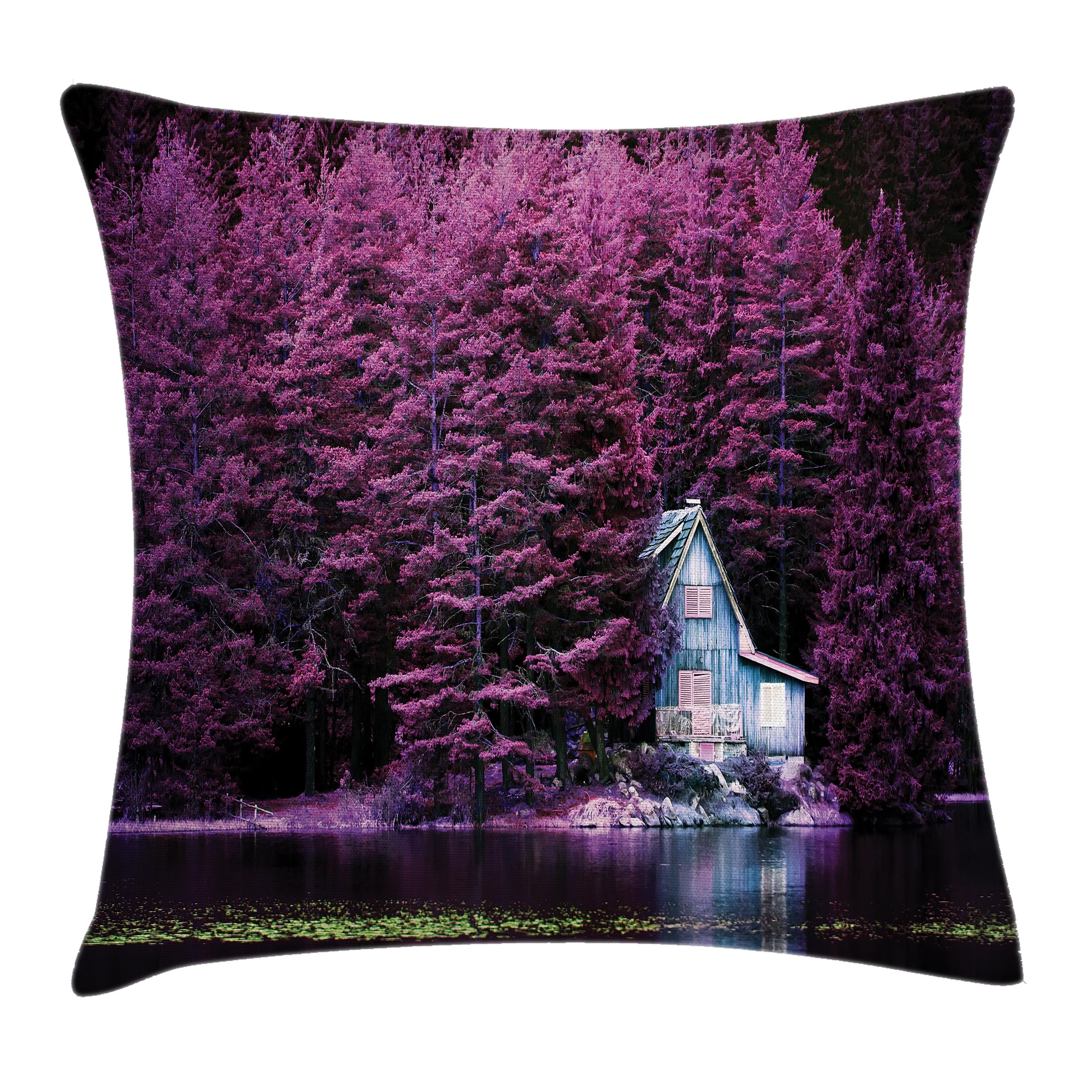 Lavender Throw Pillow Cushion Cover, Purple Trees by a Lake with Blue Wooden Rustic Lakehouse