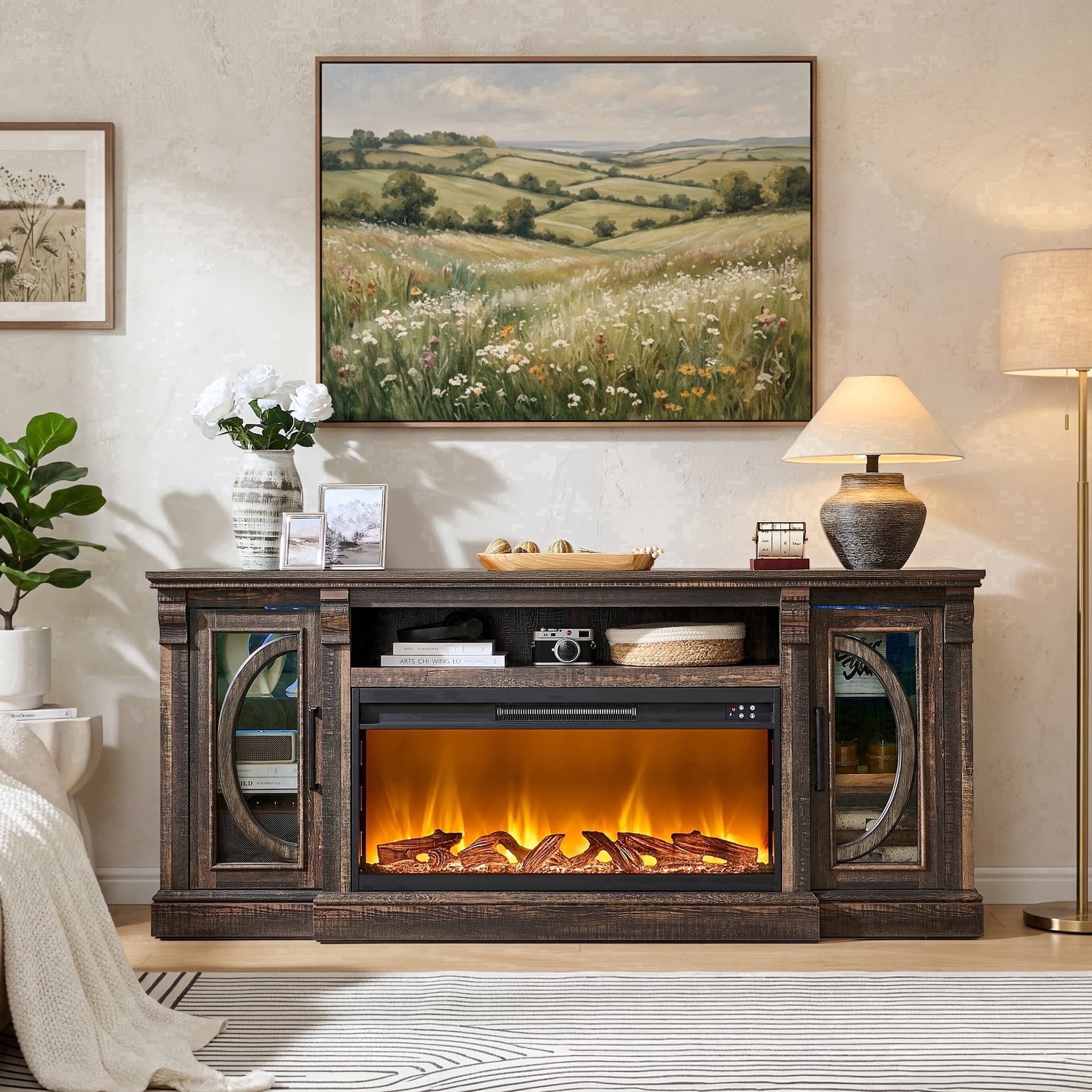 FlowSun Farmhouse TV Stand with 36'' Electric Fireplace, LED Entertainment Center with Crescent Roman Arched Glass Doors for 80'' TV,Dark Rustic Oak