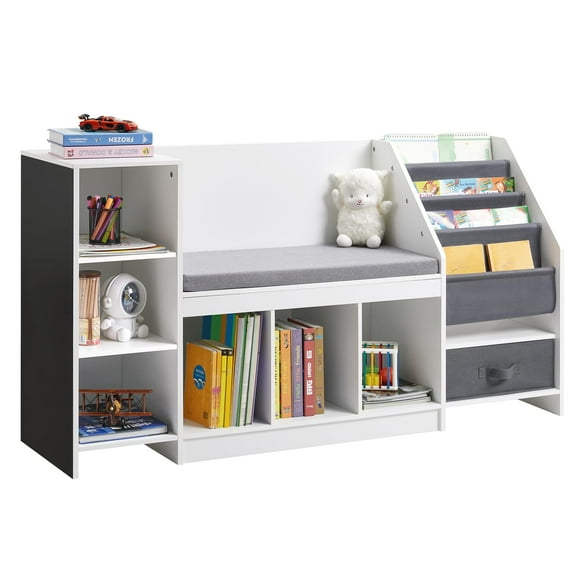 Kids Reading Nook with Sling Bookshelf, Toy Organizer with Bench and Black Board, 5 in 1 Kids Bookcases for Nursery or Children's Room