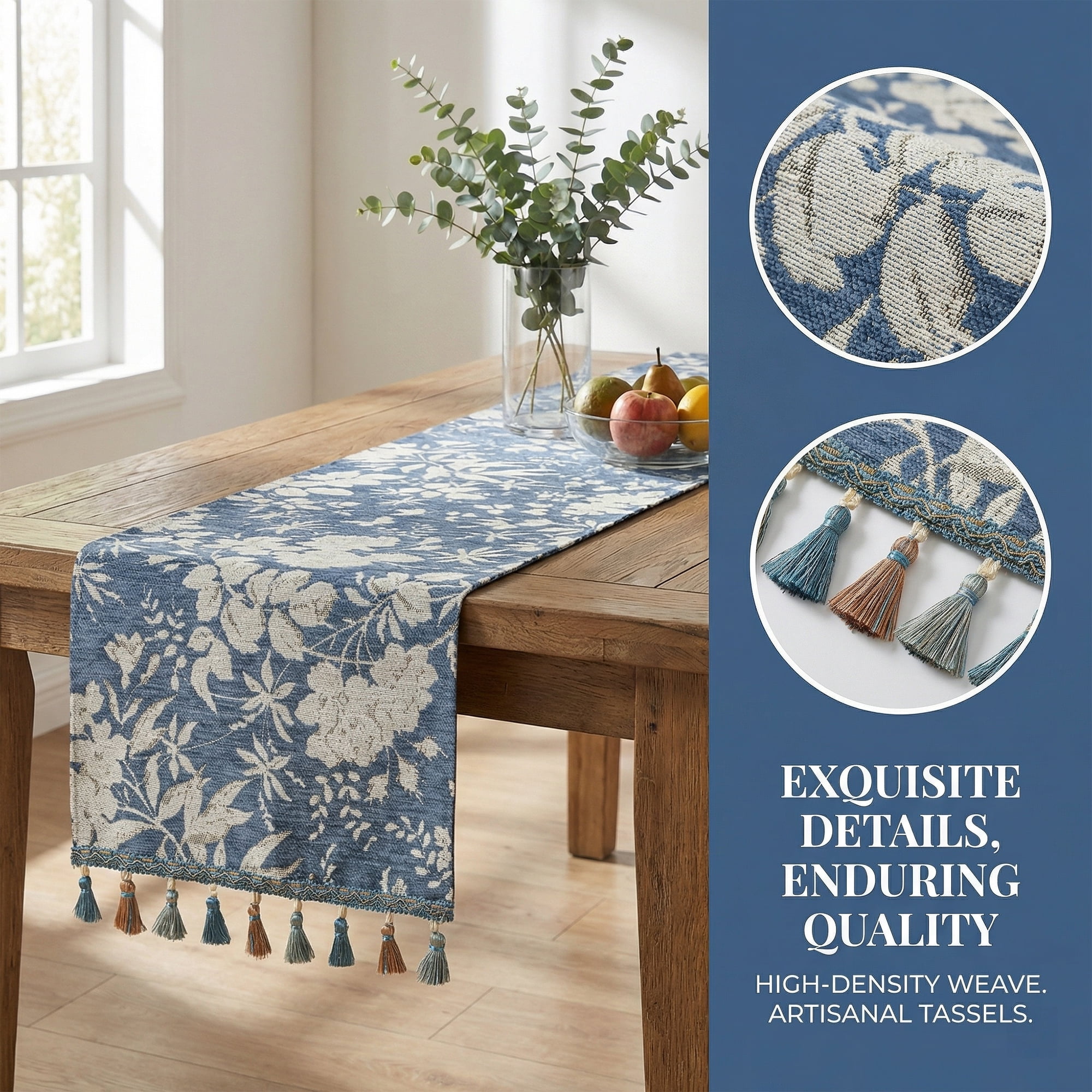 Unique Bargains Floral Table Decoration Kitchen Runner with Tassel Blue 13.8x63in