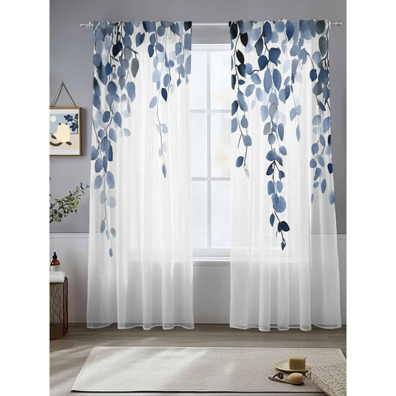 Navy Blue Eucalyptus Leaves Sheer Curtains for Living Room Bedroom Summer Leaf Watercolor Sheer Curtains 84 Inch Long 2 Panels Set Light Filtering Curtain Window Treatments Drapes for Dining Room