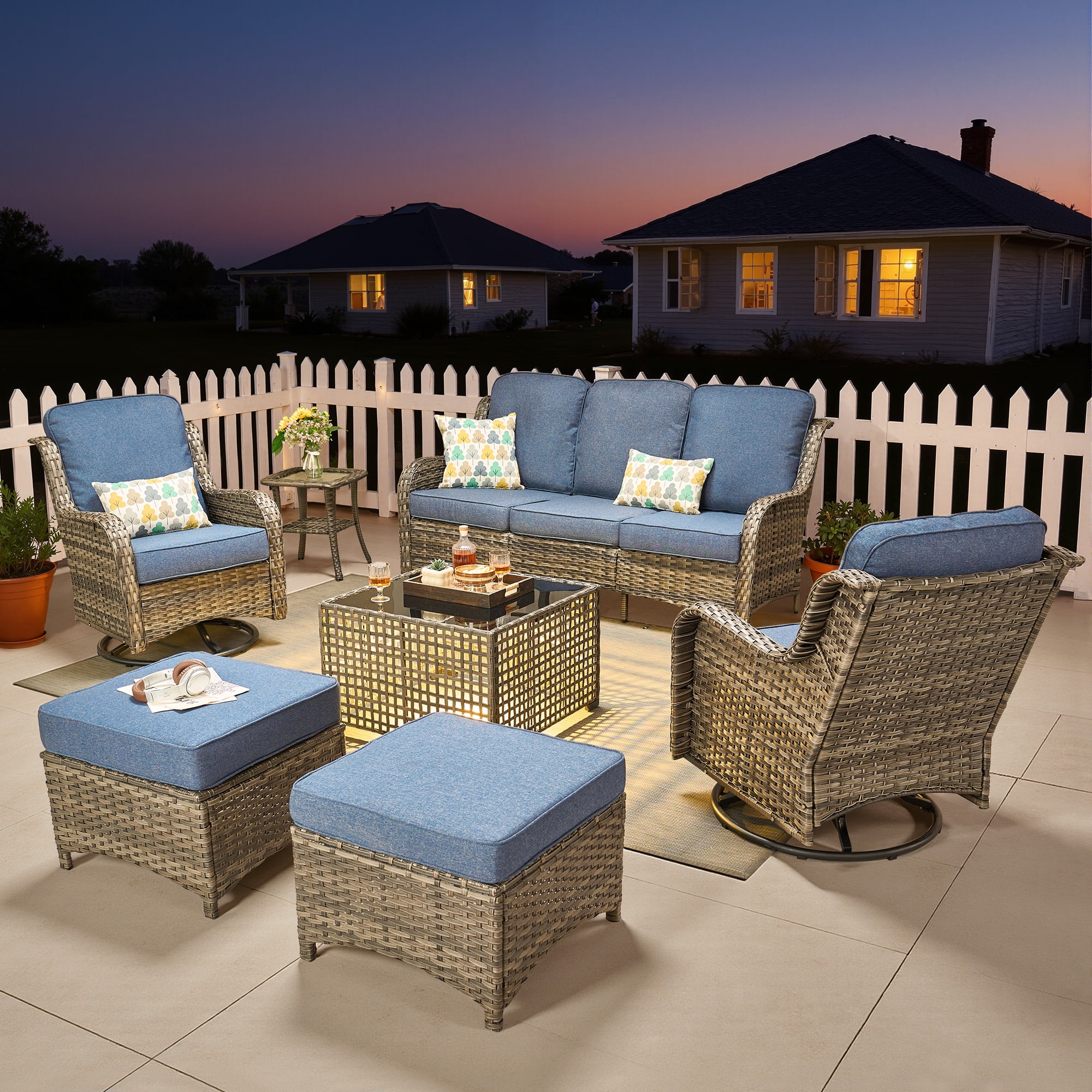 Ovios 7 Pieces Patio Furniture Set High Back All-Weather Wicker Sectional Outdoor Conversation Set with Swivel Chairs & Solar-Powered Coffee Table for Deck, Backyard, or Garden, Denim blue