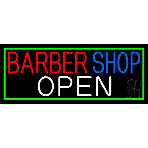 Barber Shop Open With Green Border LED Neon Sign 13 x 32 - inches, Black Square Cut Acrylic Backing, with Dimmer - Bright and Premium built indoor LED Neon Sign for Defence Force.