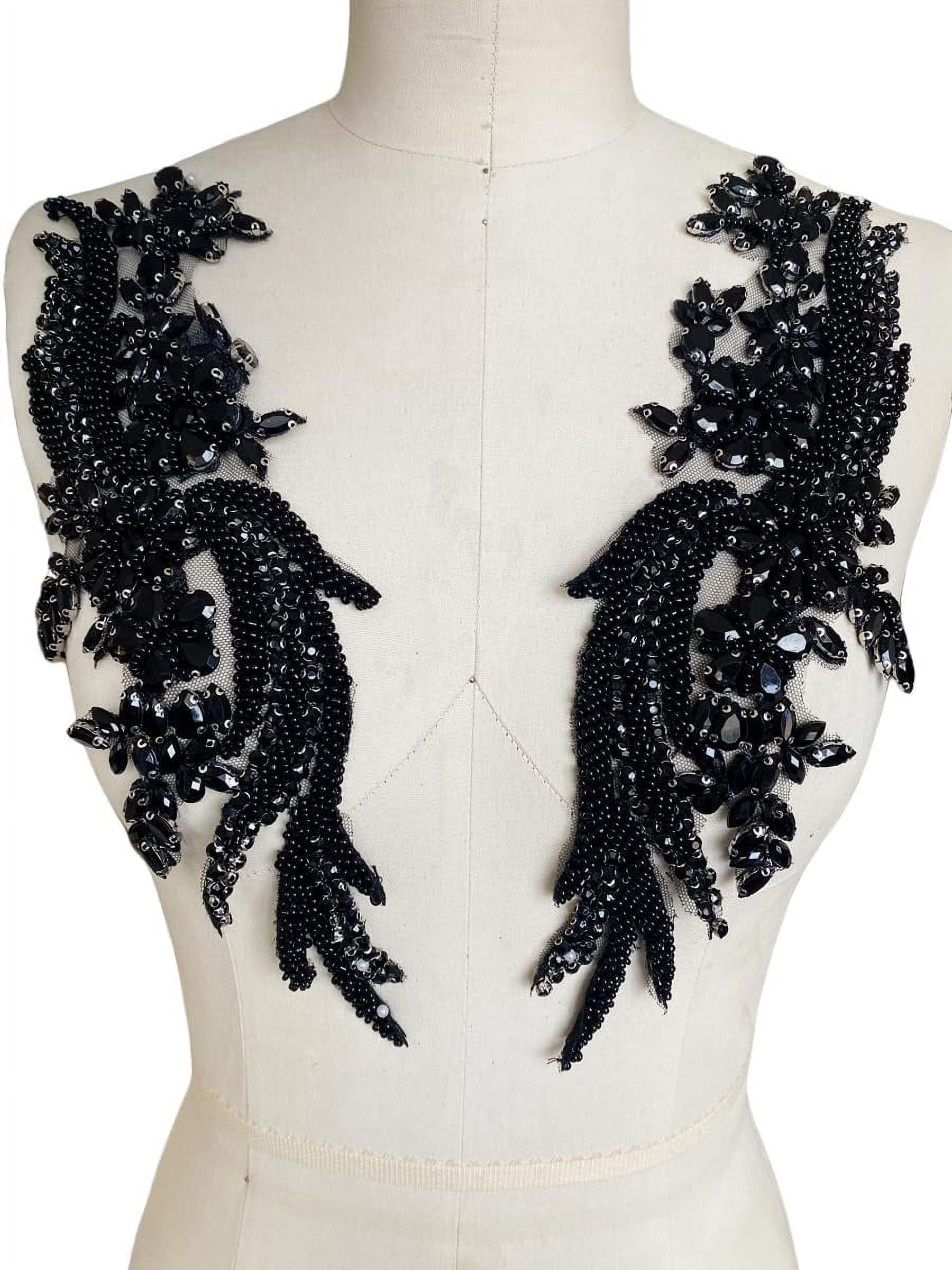 1 par de parches de cristal hechos a mano con cuentas corpiño encaje DIY apliques parches accesorio para ropa de vestir 35X12cm (negro)