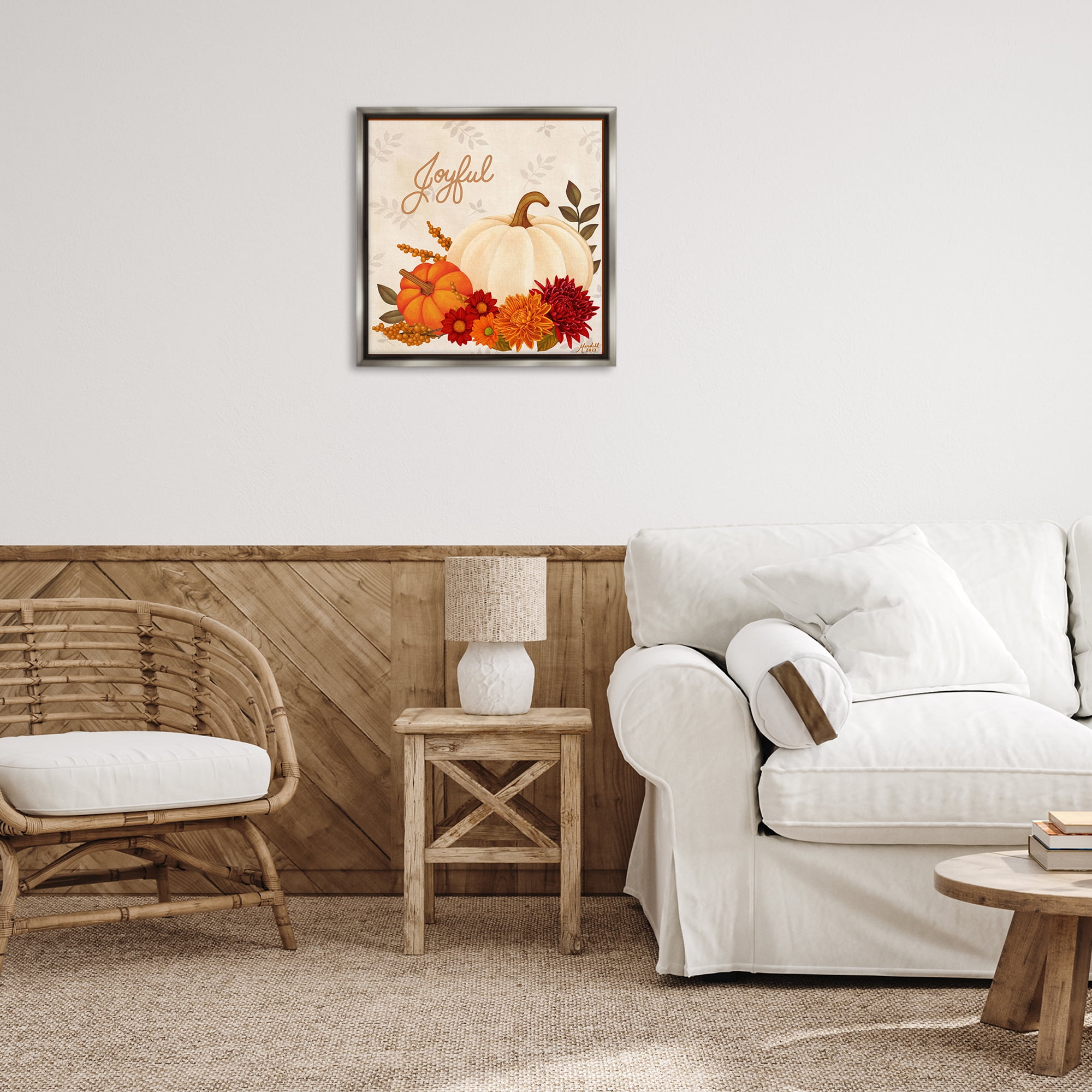 Stupell Industries Joyful Floral Pumpkins Holiday Painting Gray Floater Framed Canvas Art Prints Wall Art, 25 x 25