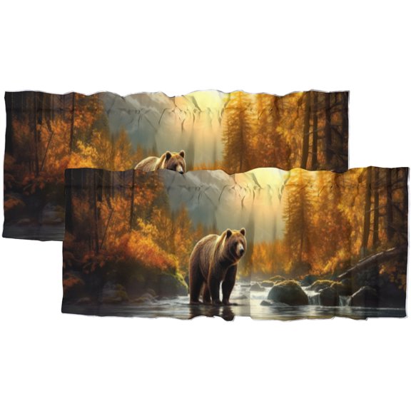 Cabin Bear Kitchen Valance Forest Wildlife Camping Lake Pine Fir Forest Rod Pocket Decoration Window Valance Curtains 54x18inch(2Pcs)
