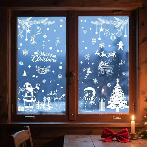 Xmas Static Window Clings Christmas Tree and Snowman 1 Sheet Reusable Window Decals for Glass 47.24" x 11.8" Removable Double Sided Window Sticker for Room Office Home Decoration