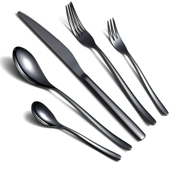 Black Cutlery Set 5 Pieces, Black Stainless Steel Cutlery Set, Black Titanium Coating, Utensil Sets Service Set (Gloss Black)