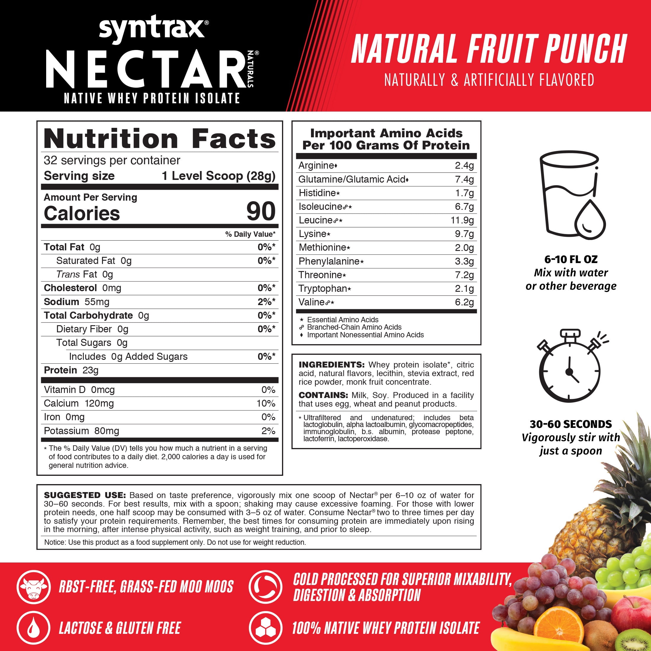 Syntrax Nectar Naturals, Natural Fruit Punch, 2 lbs. Native Whey Protein Isolate, Refreshing Fruit Juice Flavor