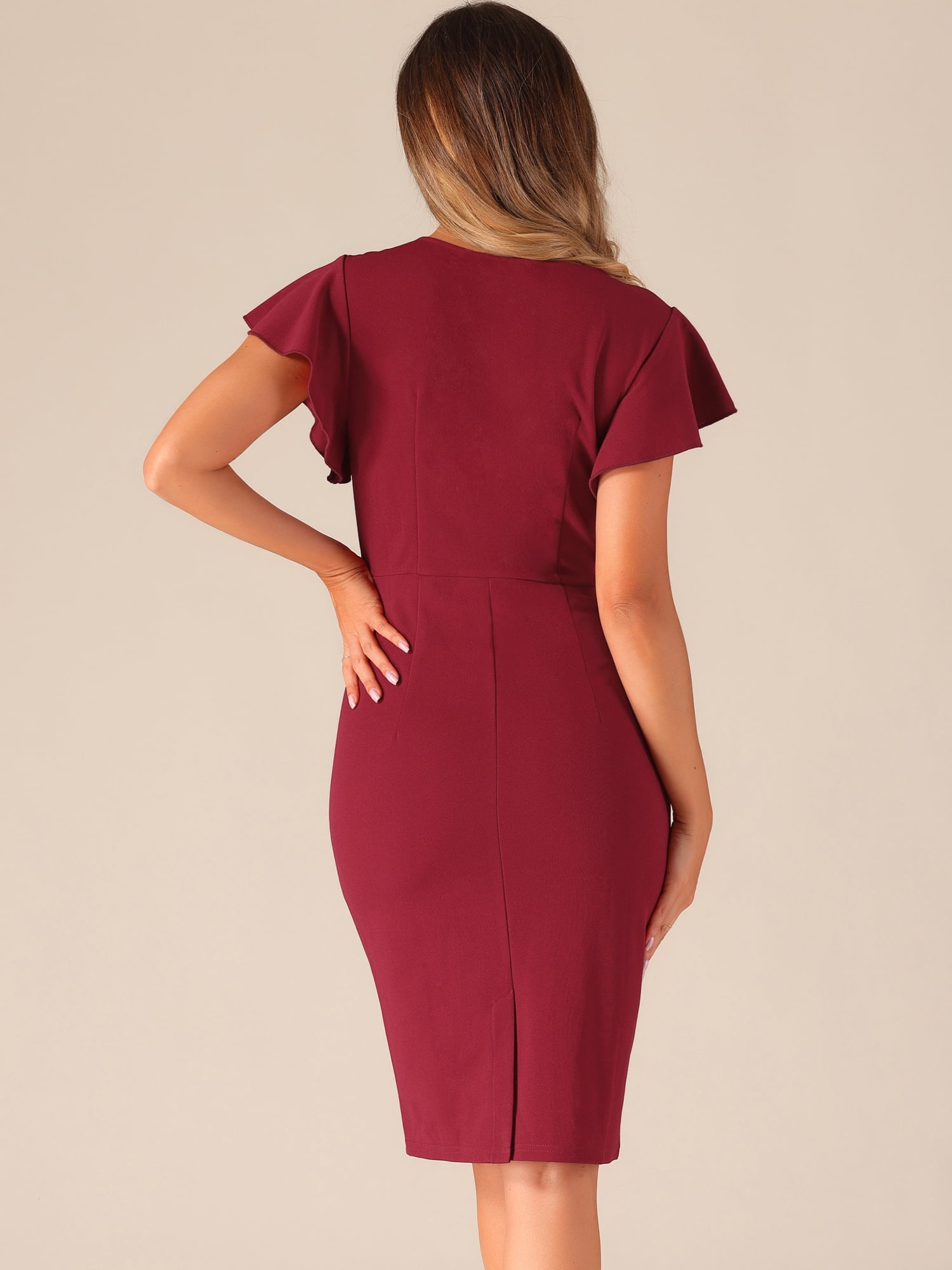 DARING DIVA Women's Elegant Ruffle Sleeve V Neck Bodycon Dresses L Red