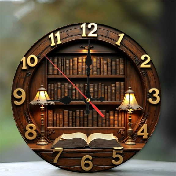 Antique Bookcase Library Clock Wall Clock Vintage Style Home Decor 10-Inch Silent Wooden Wall Clock, Battery Operated (AA Batteries Not Included), Artistic Home Decor