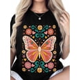 thumbnail image 2 of Women's T-Shirt Colorful Butterfly Abstract Mexican Flowers Short Sleeve Casual Tee Classic Crew Neck T Shirt for Women Black, 2XL, 2 of 7