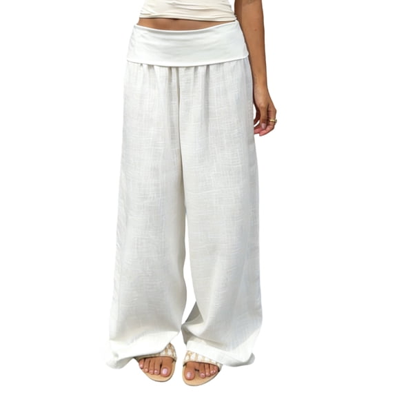 Women Wide Leg Palazzo Pants Summer Foldover Lounge Trousers Beach Vacation Travel Clothes