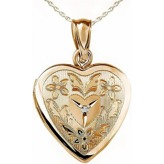 PicturesOnGold 14K Gold Filled Floral Heart Photo Locket with Diamond - 3/4 inch x 3/4 inch - Includes 18 inch Chain (Locket Engraving)