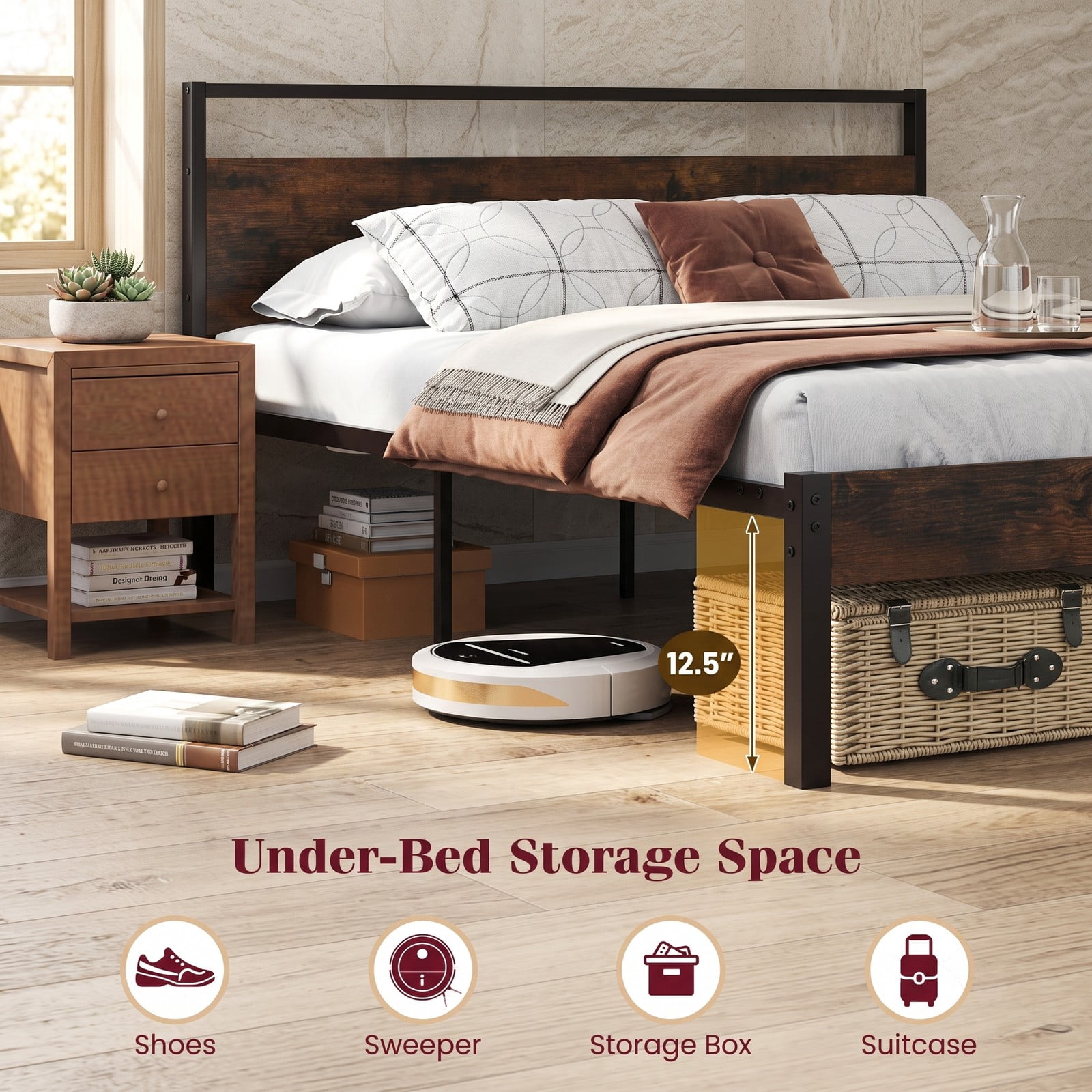 Furnibear Full Size Bed Frame Metal Platform Bed Frame with LED Lights Wood-Grain Headboard and USB Charging Station, Rustic Brown