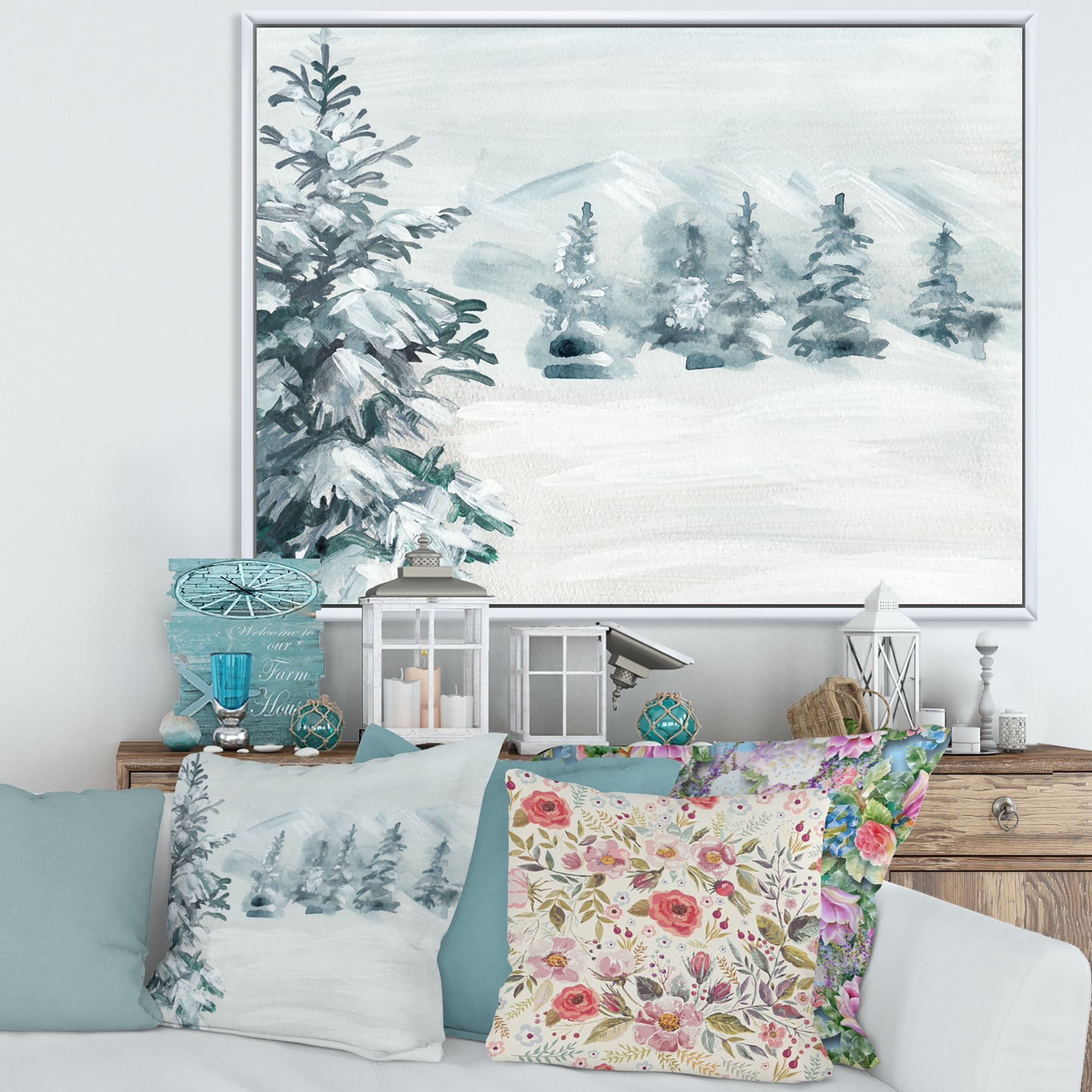 Designart 'Snowy Pine Trees On Mountain' Traditional Framed Canvas Wall Art Print