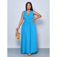 thumbnail image 4 of Plus Size Blue Day Solid Cross Deep V-Neck A-Line Maxi Dress Loose Casual Flowy Everyday Wear, 4 of 7