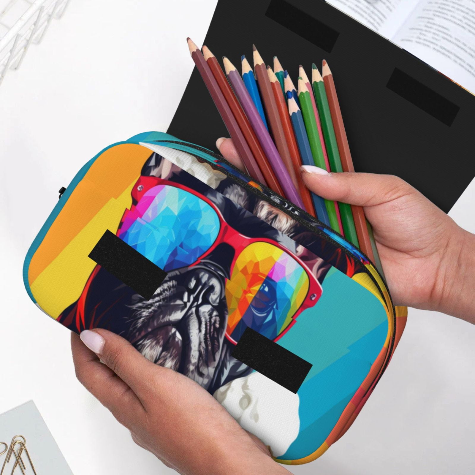 Rateoe Rainbow Bulldog Sunglasses Pattern Double Clamshell Pen Case, Storage Organizer with Two Zipper Compartments– Holds Up to 50 Pencils & Pens