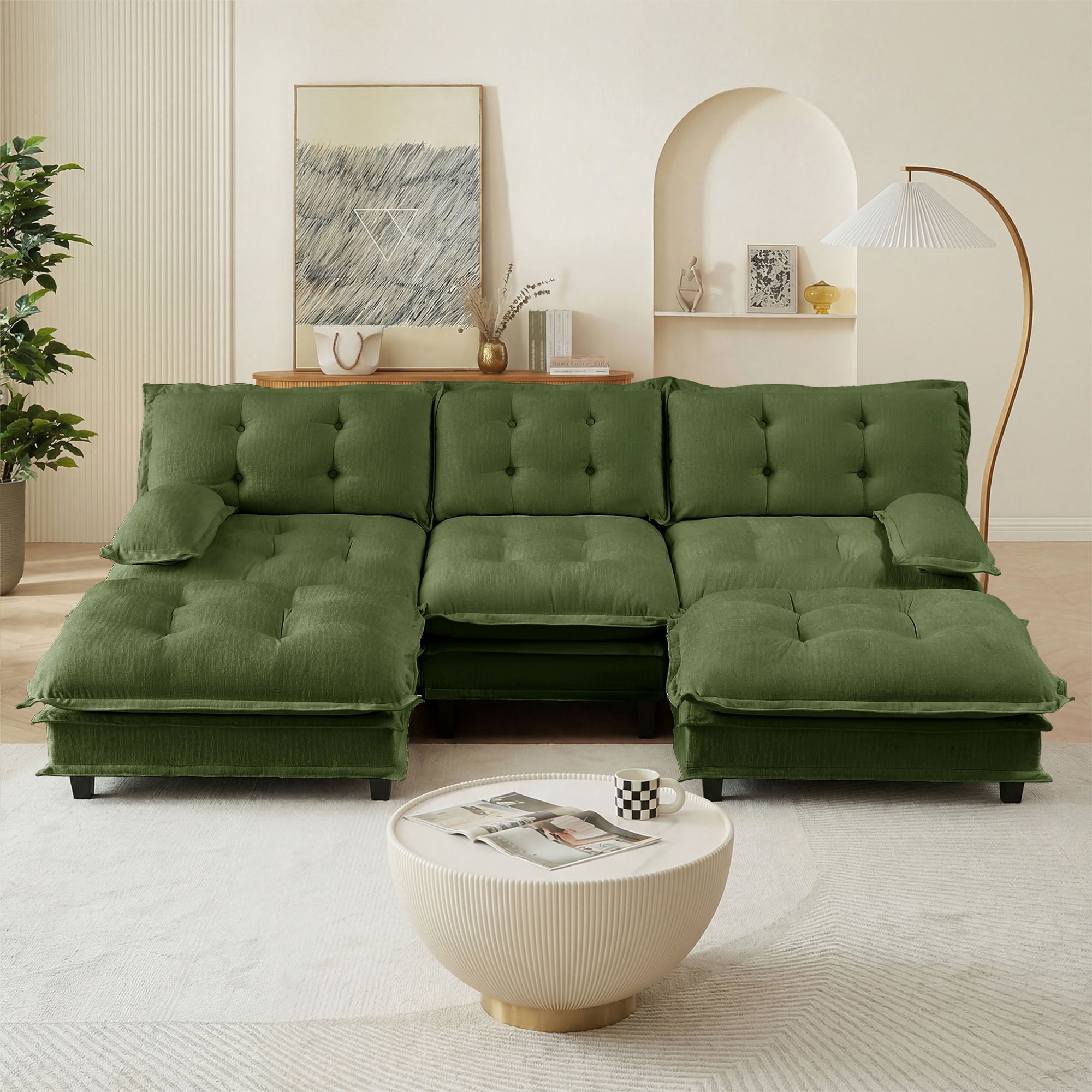 MAYEERTY 107 Inch U-Shaped Sectional Sofa with 2 Ottomans, Chenille 3-Seater Modular Couch, Solid Wood & Metal Frame for Living Room Bedroom Apartment