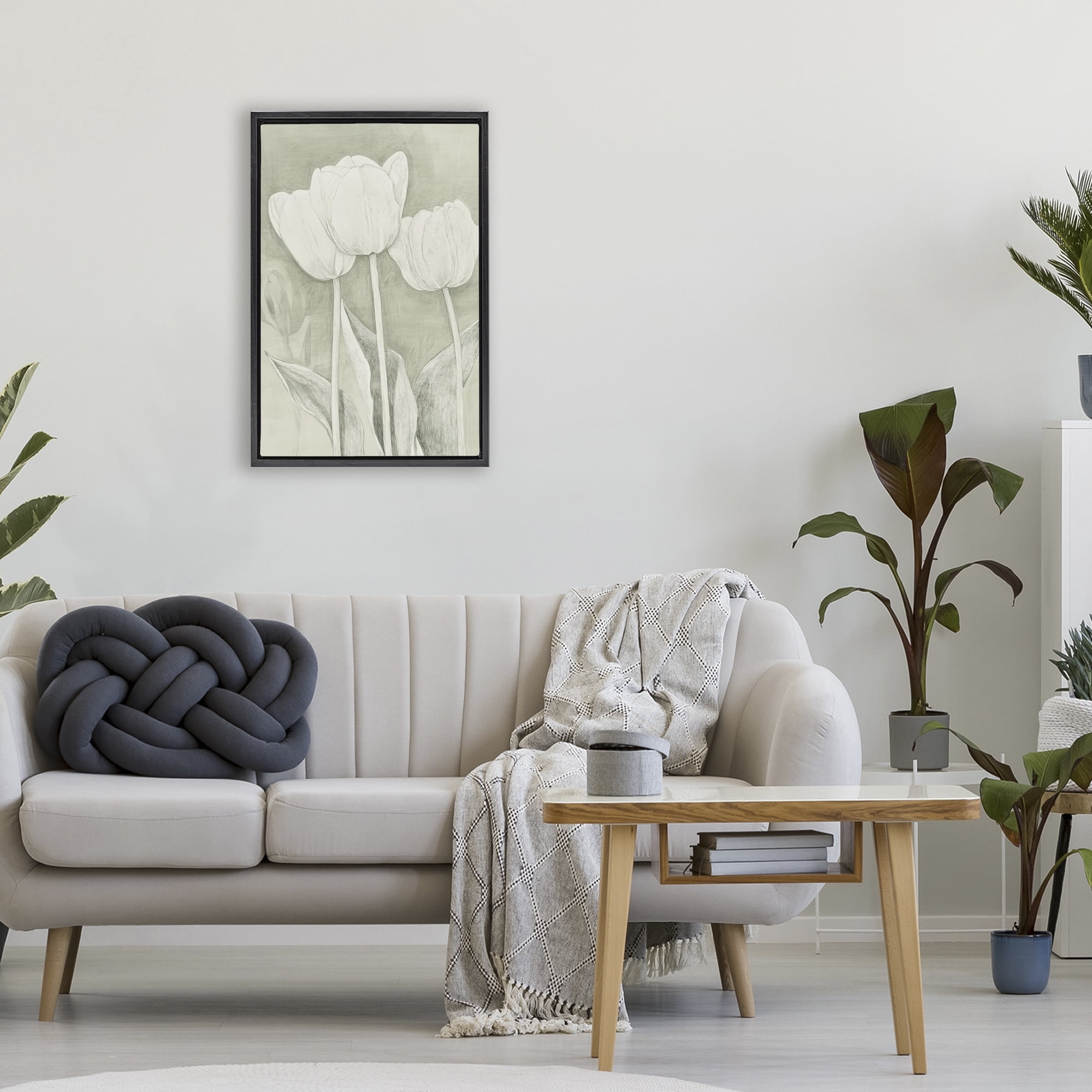 Stupell Industries Faded Tulips Pencil Sketch Black Framed Floater Canvas Wall Art, design by Petal Prints Design