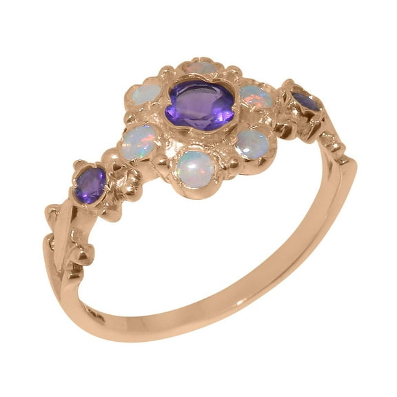 LBG British Made 14k Rose Gold Natural Amethyst & Opal Womens Anniversary Ring - 33 size options - Size 10