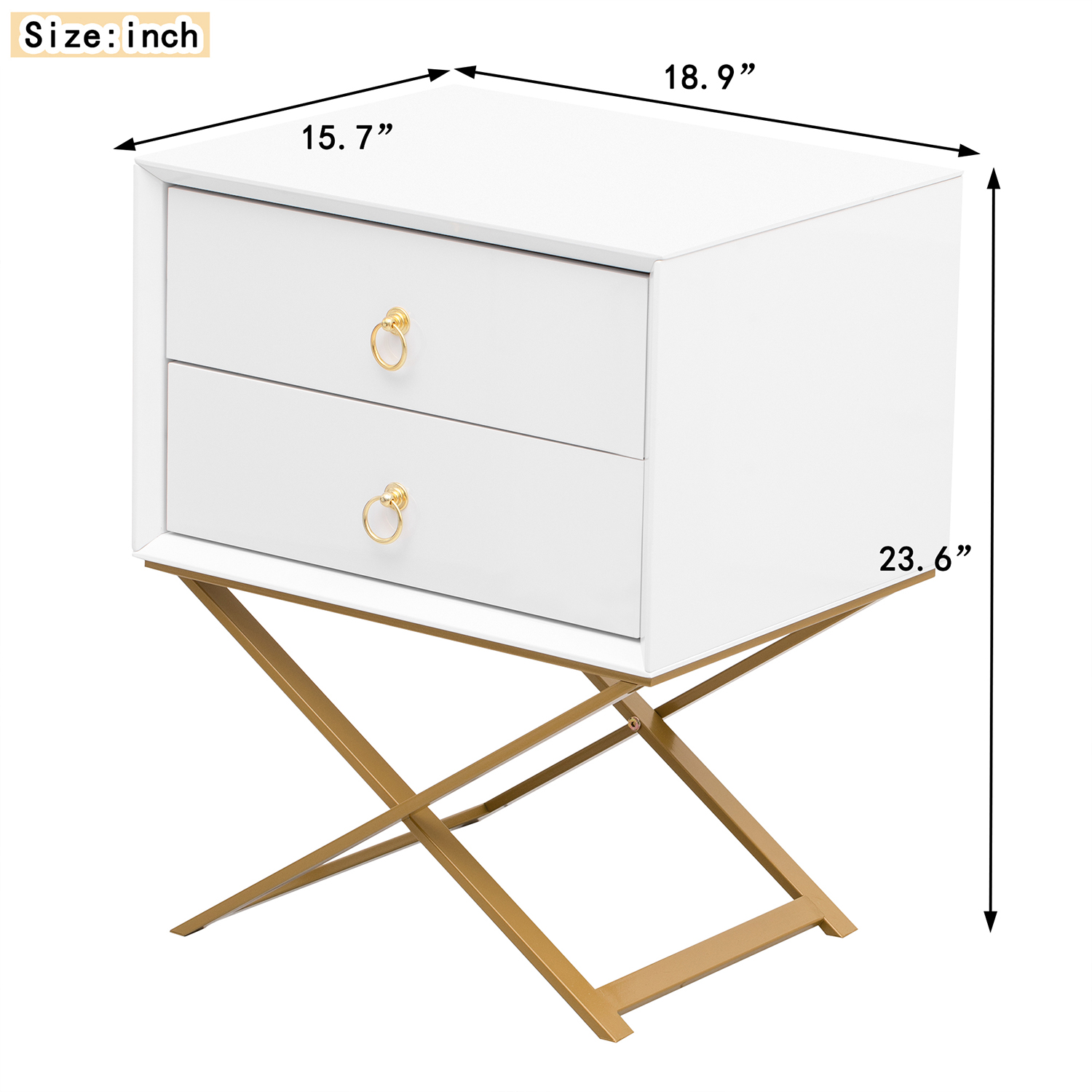 Kadyn Wood Nightstand with 2 Drawers and Golden Handle, Storage Bedside Table, Side Table for Living Room and Bedroom, White