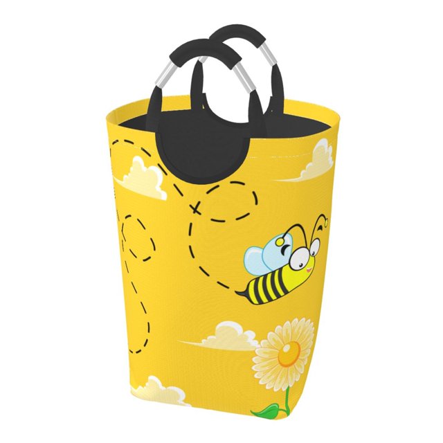 DouZhe 50L Rectangular Laundry Basket, Yellow Funny Flying Bee Prints Waterproof Foldable Laundry Hamper with Aluminum Handles