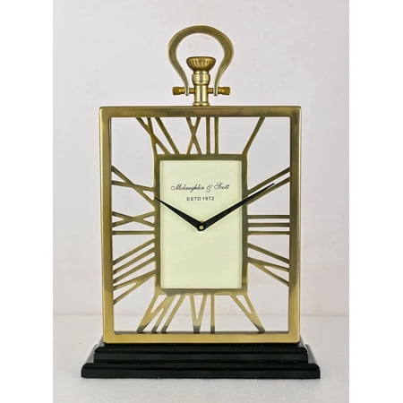 Luxury Chrome Roman Numeral Table Clock – Modern Metal Skeleton Mantel Clock with Black Base – Elegant Decorative Desk Clock for Living Room, Office & Home Décor (Brass Antique)