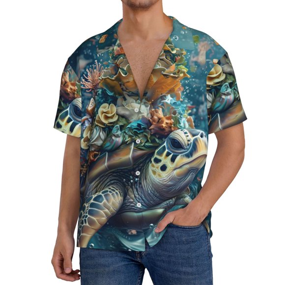 Lsque Colorful Plant Turtle print Men's Cuban Collar Short Sleeve Shirt Summer Beachwear Casual Button Down Fashionable Vacation Leisure Shirt-3X-Large