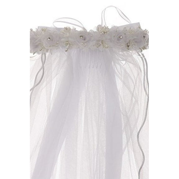 Rhinestones Accented Flower Crown Tiara MeshFlower Girl Communion Veil White T-101