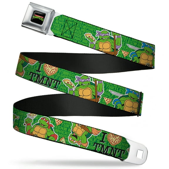 Nickelodeon Belt, Seatbelt Buckle Belt, I Heart TMNT Classic Turtles Pizza Green, Youth 22 to 32 Inches